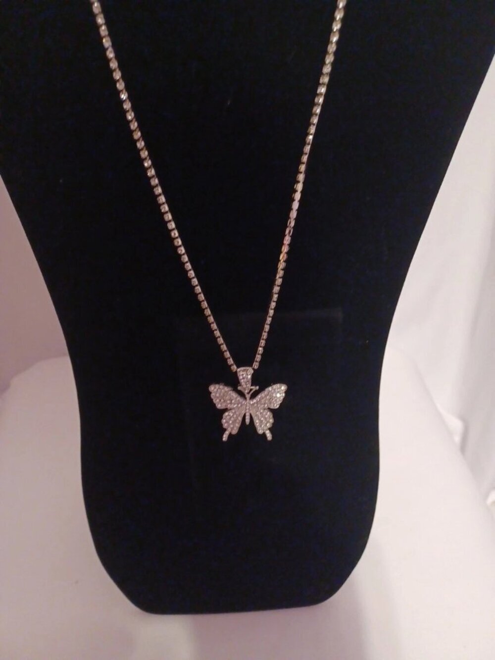 Rhinestone Butterfly Pendant Necklace Womens 22" Chain with Black Pouch